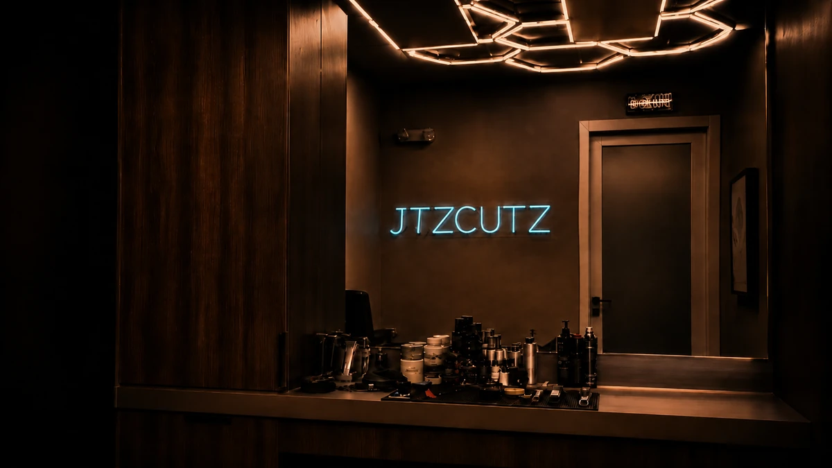 Inside JTZCUTZ Studio in Boca Raton with signature cyan neon and custom hex ceiling lights